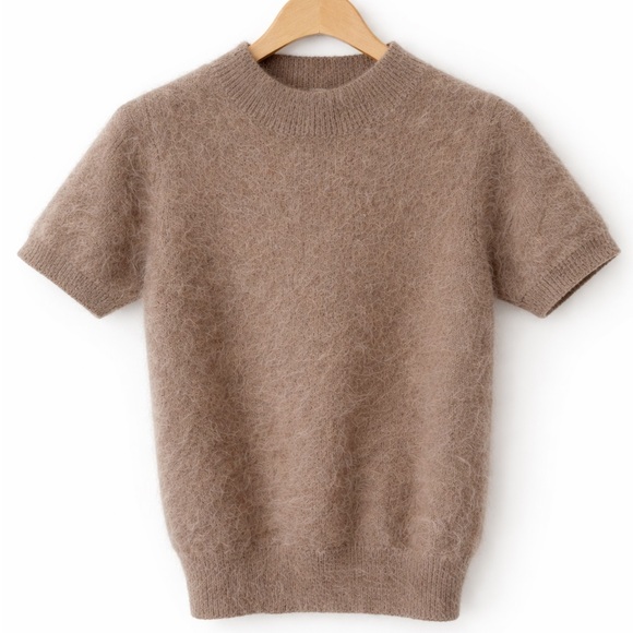 White Cozy Tan Rabbit Hair Knit Top • Soft Fuzzy Short Sleeve Sweater • Size S - Picture 2 of 7